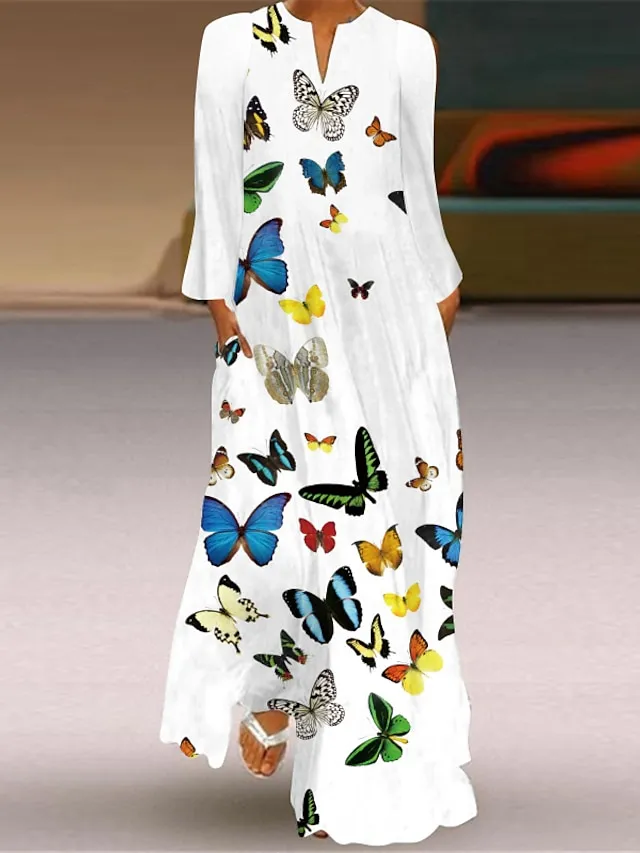 Women's Shift Dress Swing Dress Long Dress Maxi Dress Green Blue Grey White Black Long Sleeve Feather Butterfly Pocket Print Summer Spring V Neck Stylish Casual Dress 2023 S M L XL XXL XXXL 4XL 5XL