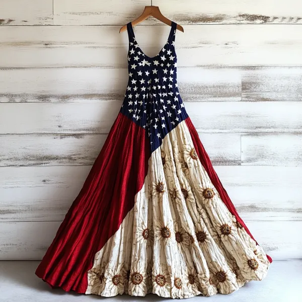 Women's Vintage Independence Day Flag Sunflower Art Linen Tank Midi Dress