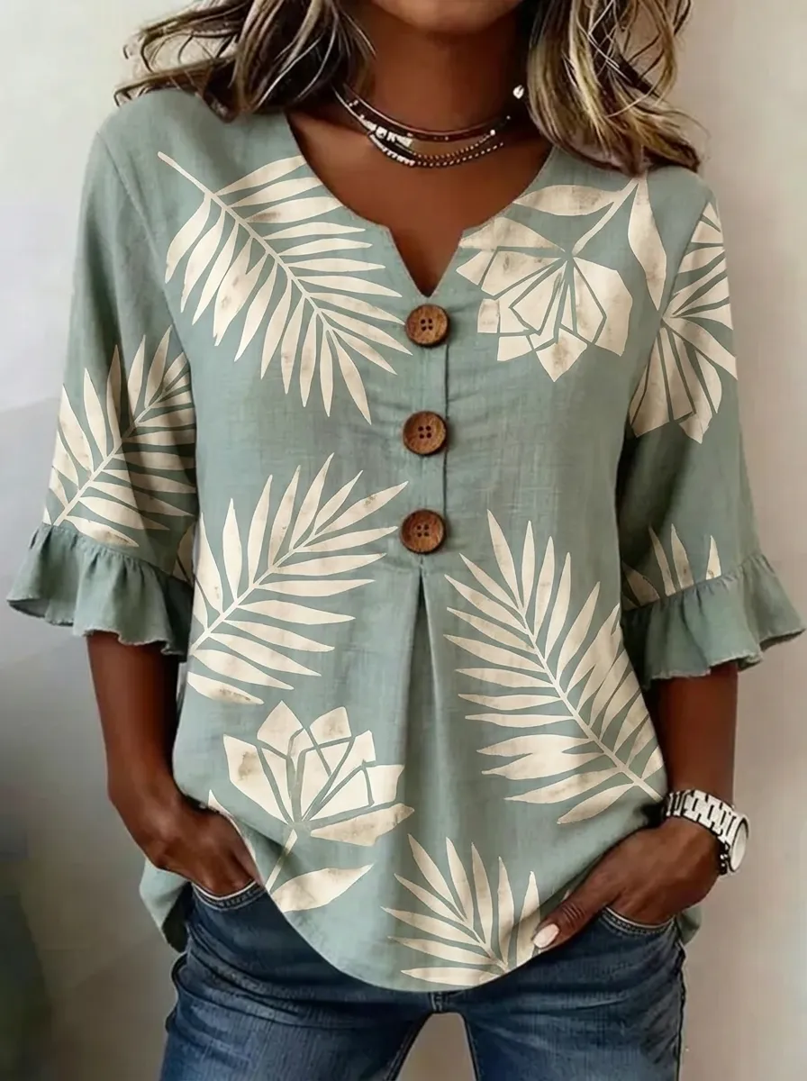 Women's Nashville Tropical Palm Leaf Printed Button V-Neck Top
