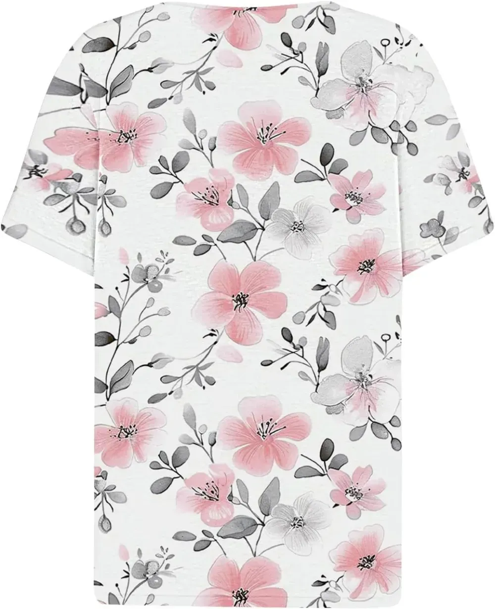 Shirts for Women Casual Printed Summer Tops Short-Sleeved Button V-Neck Tops Blouse Fashion Boho T-Shirts