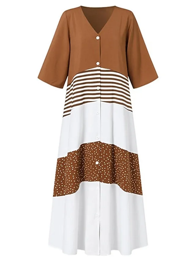 Women's Casual Dress Swing Dress Long Dress Maxi Dress Brown Half Sleeve Color Block Button Summer Spring V Neck Basic 2023 5XL