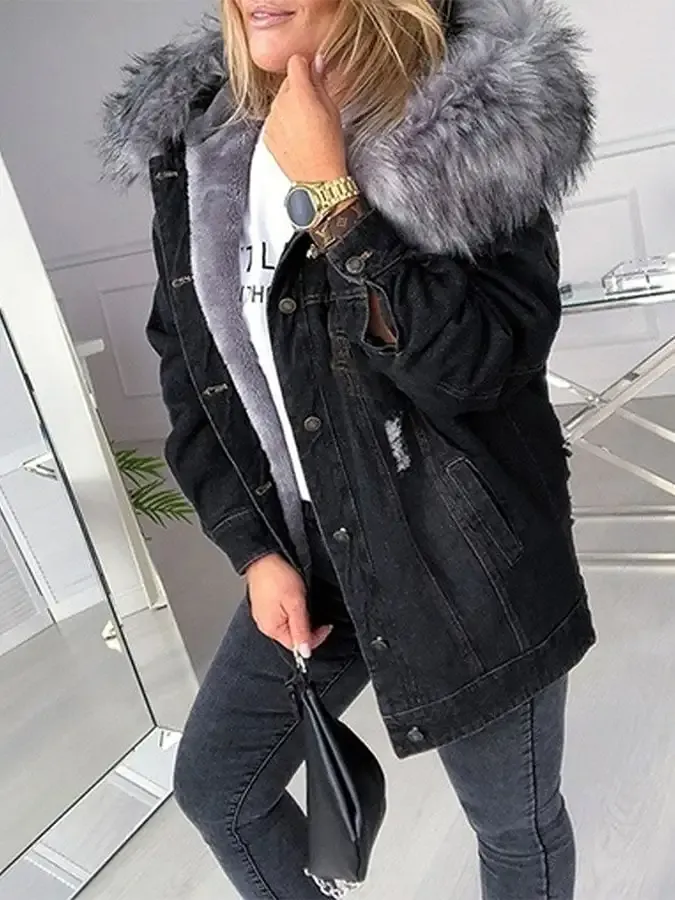 Women'S Big Fur Collar Denim Jacket Fashion Casual Jacket
