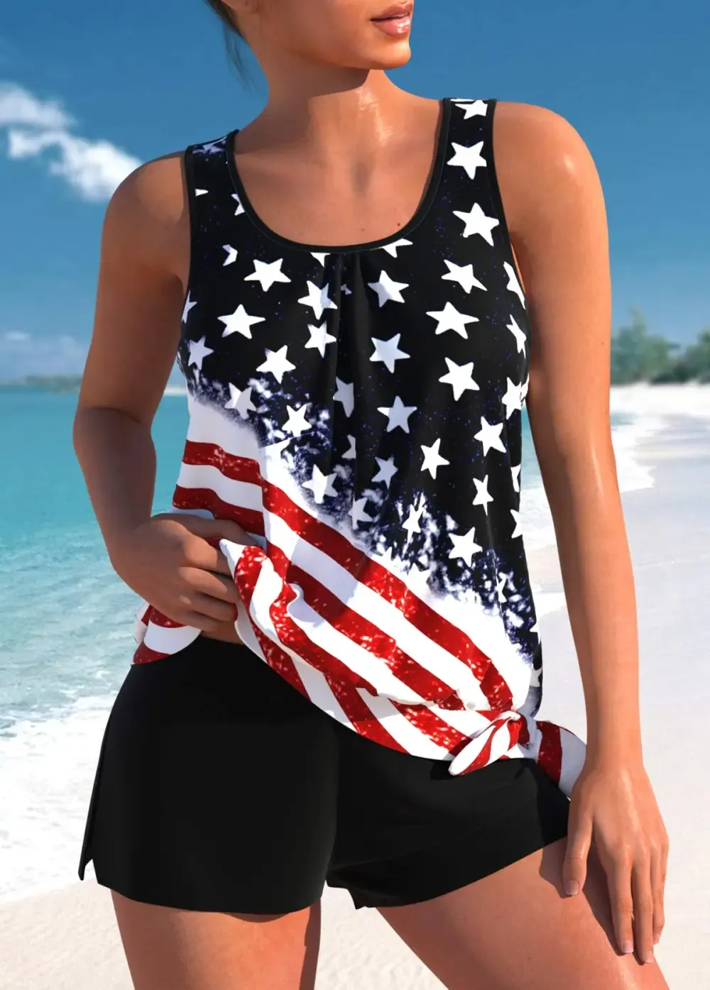 Black Bowknot Mid Waisted American Flag Print Tankini Set