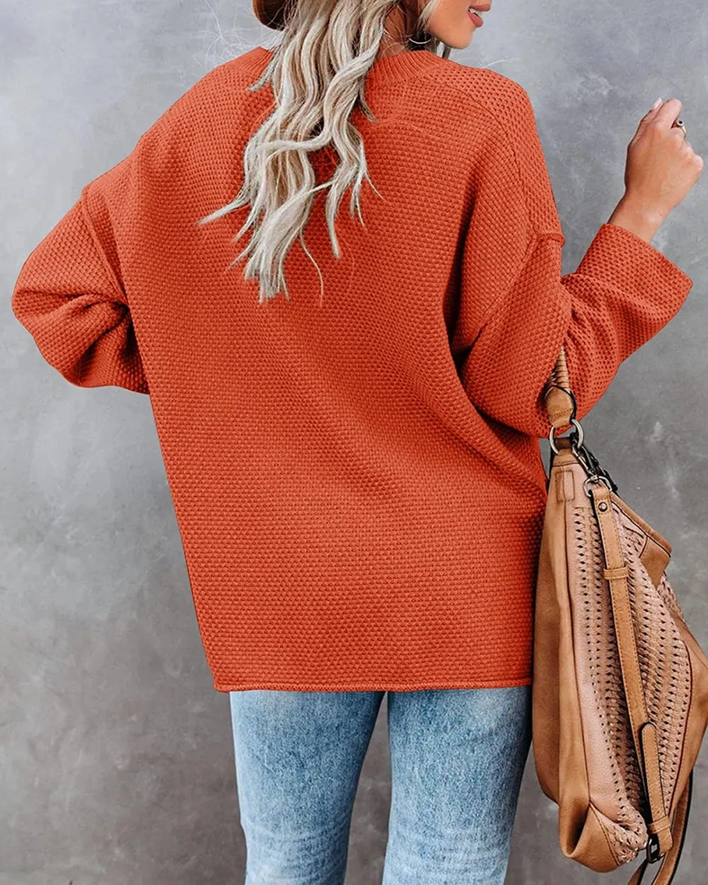 Women's Oversized Sweaters Batwing Long Sleeve Loose V Neck Button Henley Tops Pullover Knit Jumper