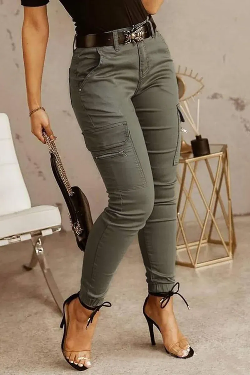 Flap Pocket Zip Detail Mid Waist Pants