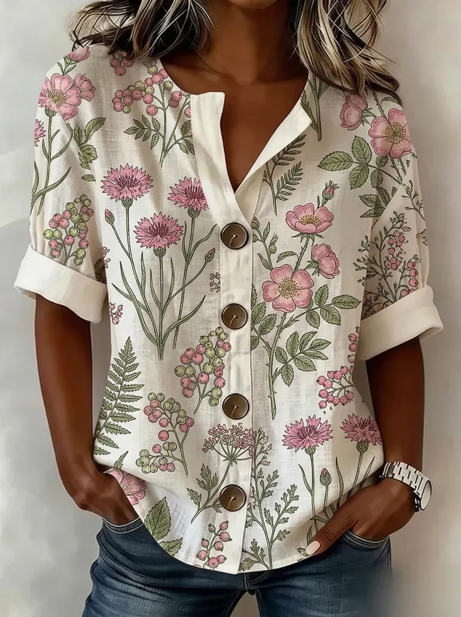 Women's Nashville Botanical Floral Printed Button-Up Top
