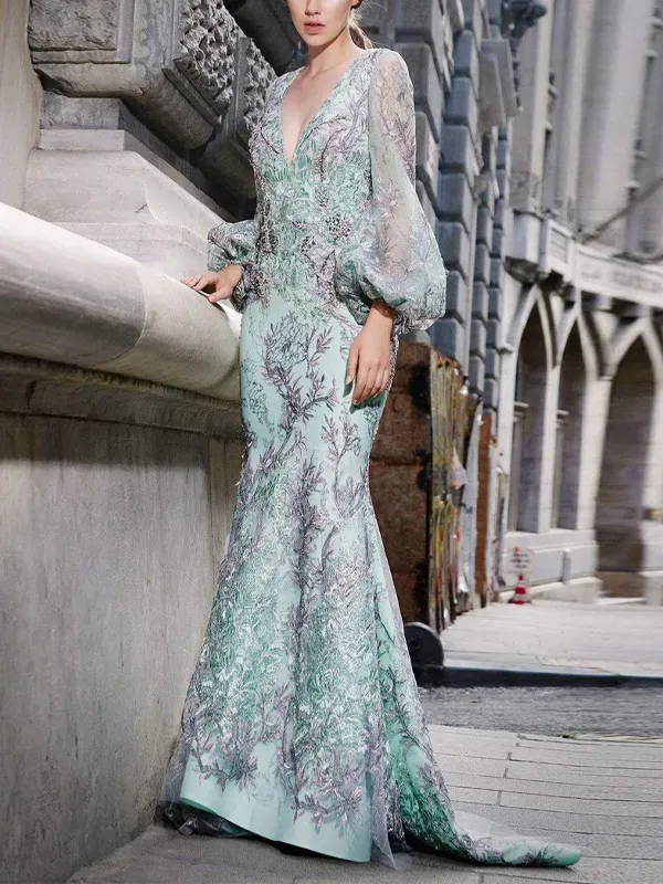 V-neck Printed Sheath Maxi Dress