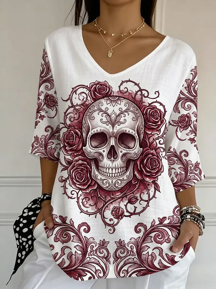 Women's Nashville Skull Rose Floral Printed V-Neck Top
