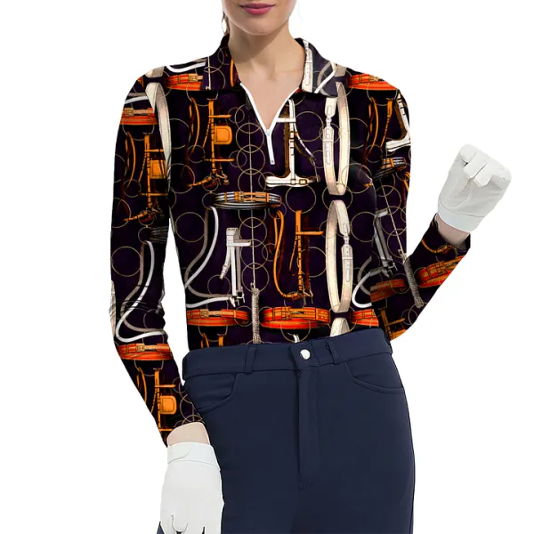 Women's Riding Style Horse Harness Print Long Sleeve Casual Lapel Shirt