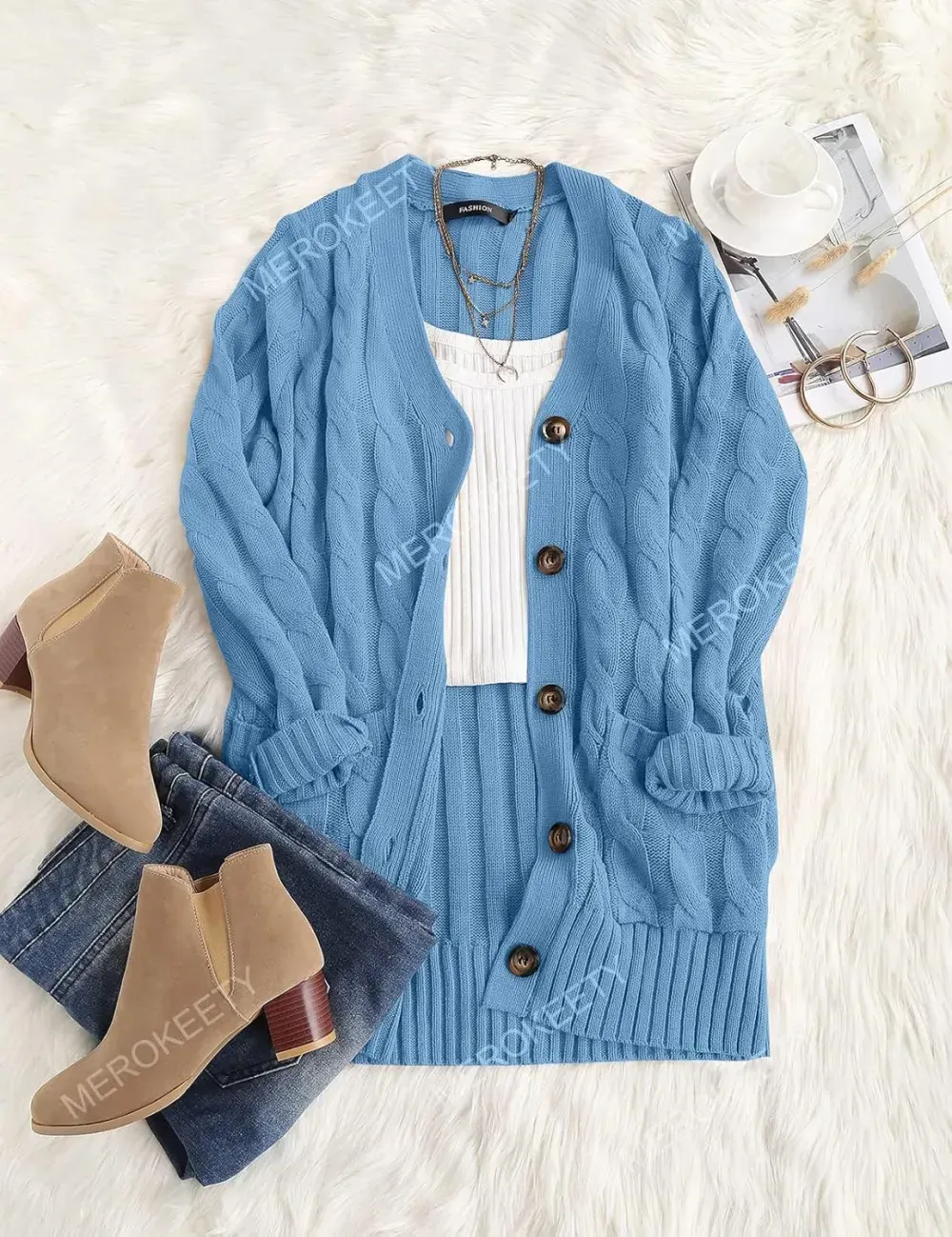 MEROKEETY Women's 2024 Fall Long Sleeve Cable Knit Sweater Open Front Cardigan Button Loose Outerwear