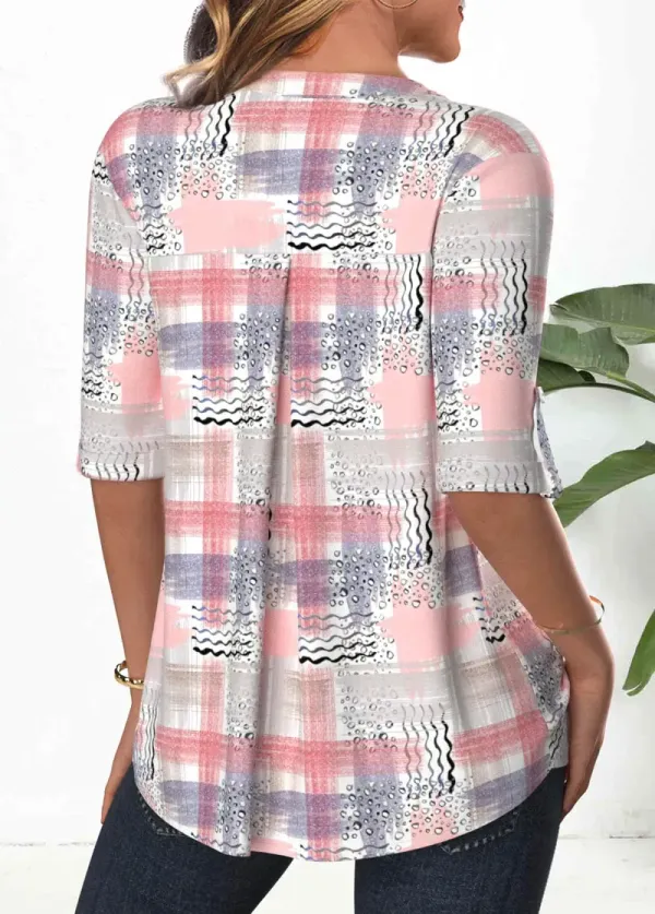 Light Pink Button Geometric Print 3/4 Sleeve Blouse