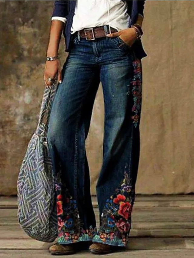 Women's Wide Leg Pants Trousers Faux Denim Blue red Blue pink Blue khaki Mid Waist Fashion Casual Wide Leg Print Micro-elastic Full Length Comfort Flower / Floral S M L XL 2XL