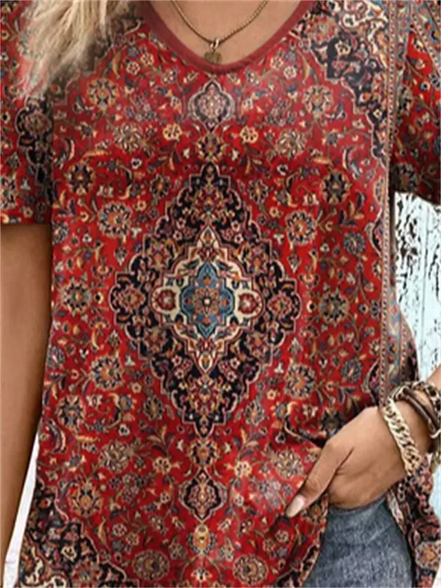 Women's T shirt Tee White Light Green Pink Floral Print Short Sleeve Holiday Weekend Basic V Neck Regular Floral Painting S