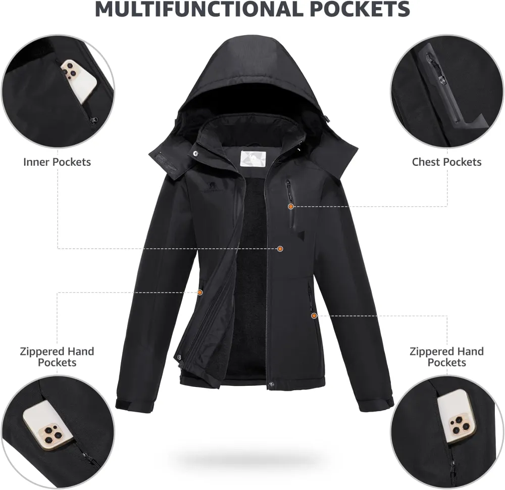 Women's Waterproof Mountain Ski Snow Jacket with Fleece Outdoor Windproof Raincoat Hooded for Fall and Winter