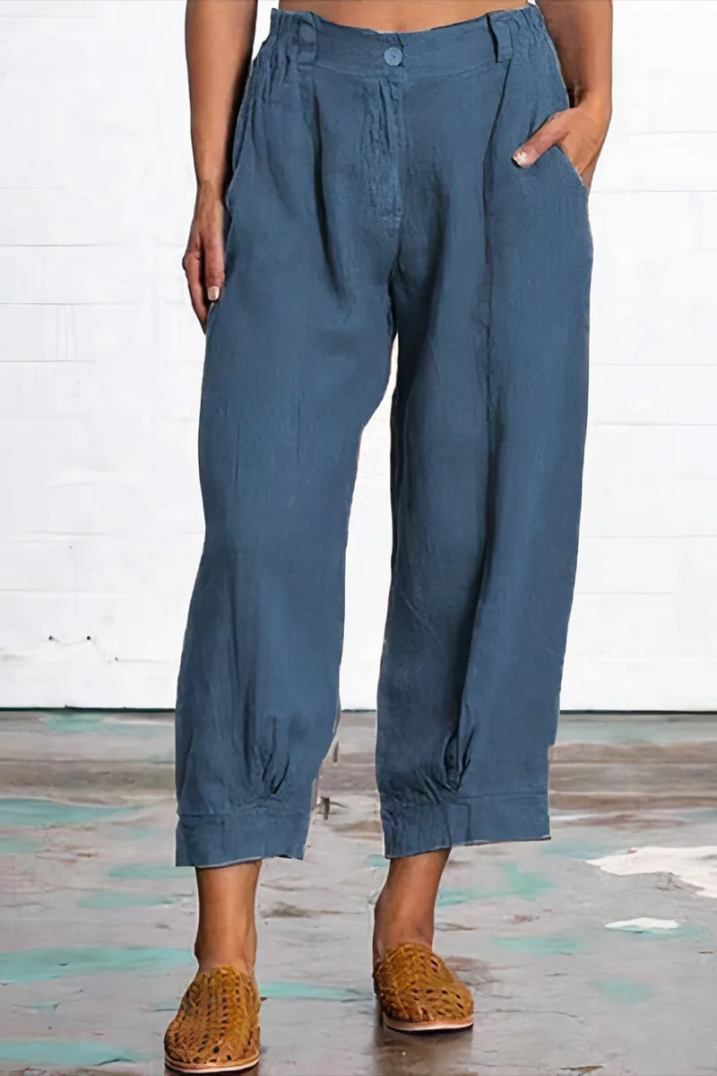 Solid Slant Pocket Elastic Waist Crop Pants