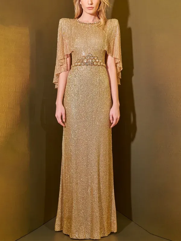 Round Neck Sequined Solid Color Maxi Dress