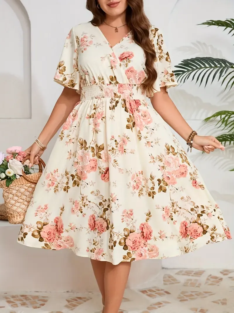 Women'S Plus Size Floral V-Neck Pencil Dress, Elegant Summer Woven Fabric with Shirred Waist Detail, 100% Polyester, Non-Stretch, 110 g/m² - Fashionable Floral Pattern