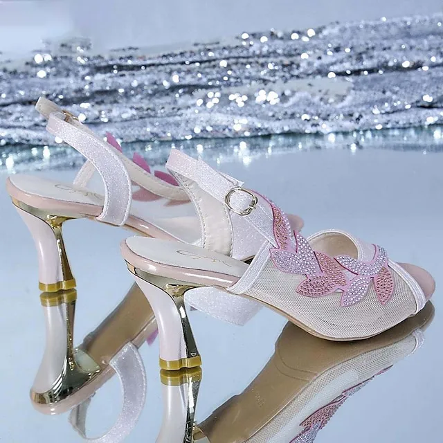 Women's Sandals Block Heel Sandals Velvet Boots Heel Sandals Wedding Daily Summer Rhinestone High Heel Open Toe Elegant Casual Faux Leather Ankle Strap Solid Color White Pink