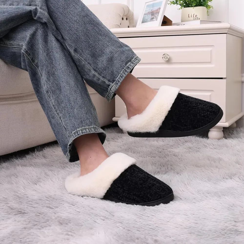 Warm Knit House Slippers for Women Comfy Wool-Like Lined Chenille Slippers with Memory Foam and Indoor Outdoor Soles