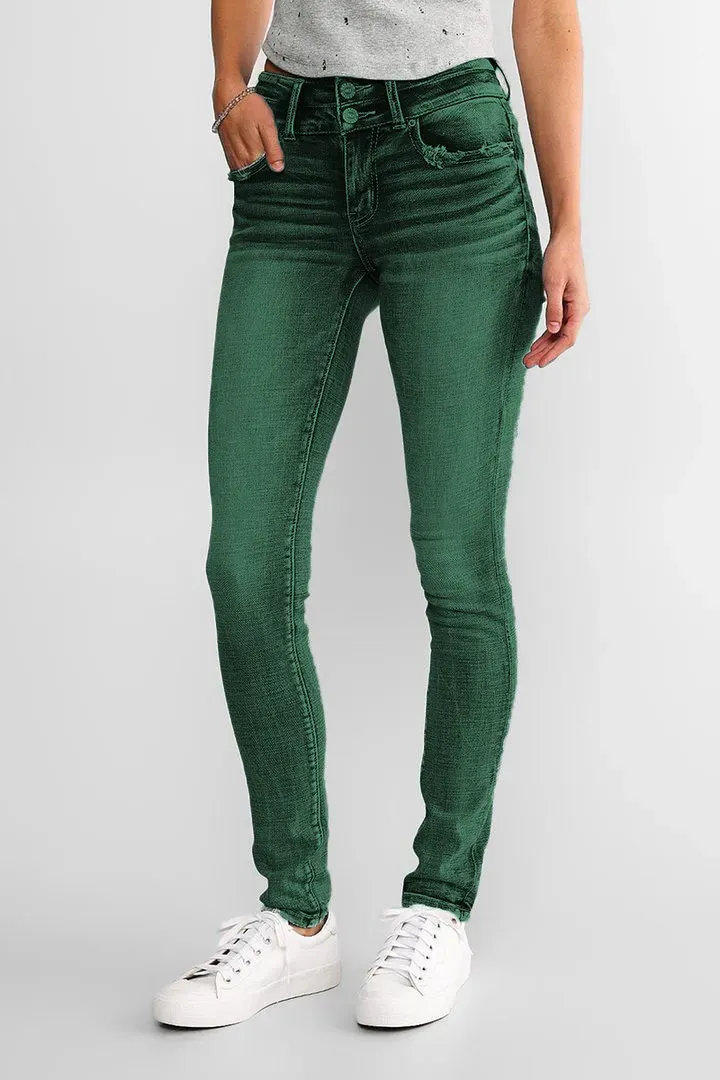 Mid Waist Double Button Skinny Jeans