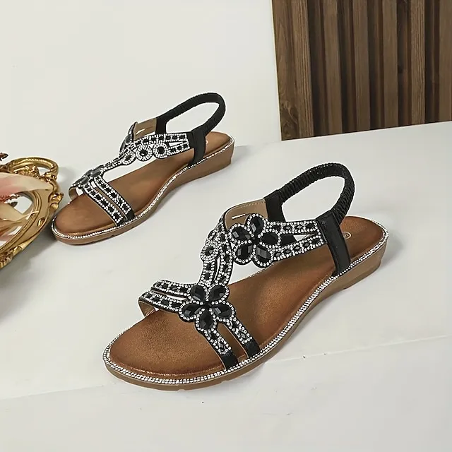 Women's Sandals Boho Bohemia Beach Flat Sandals Plus Size Outdoor Beach Rhinestone Flat Heel Elegant Casual PU Loafer Silver Rose Gold Black