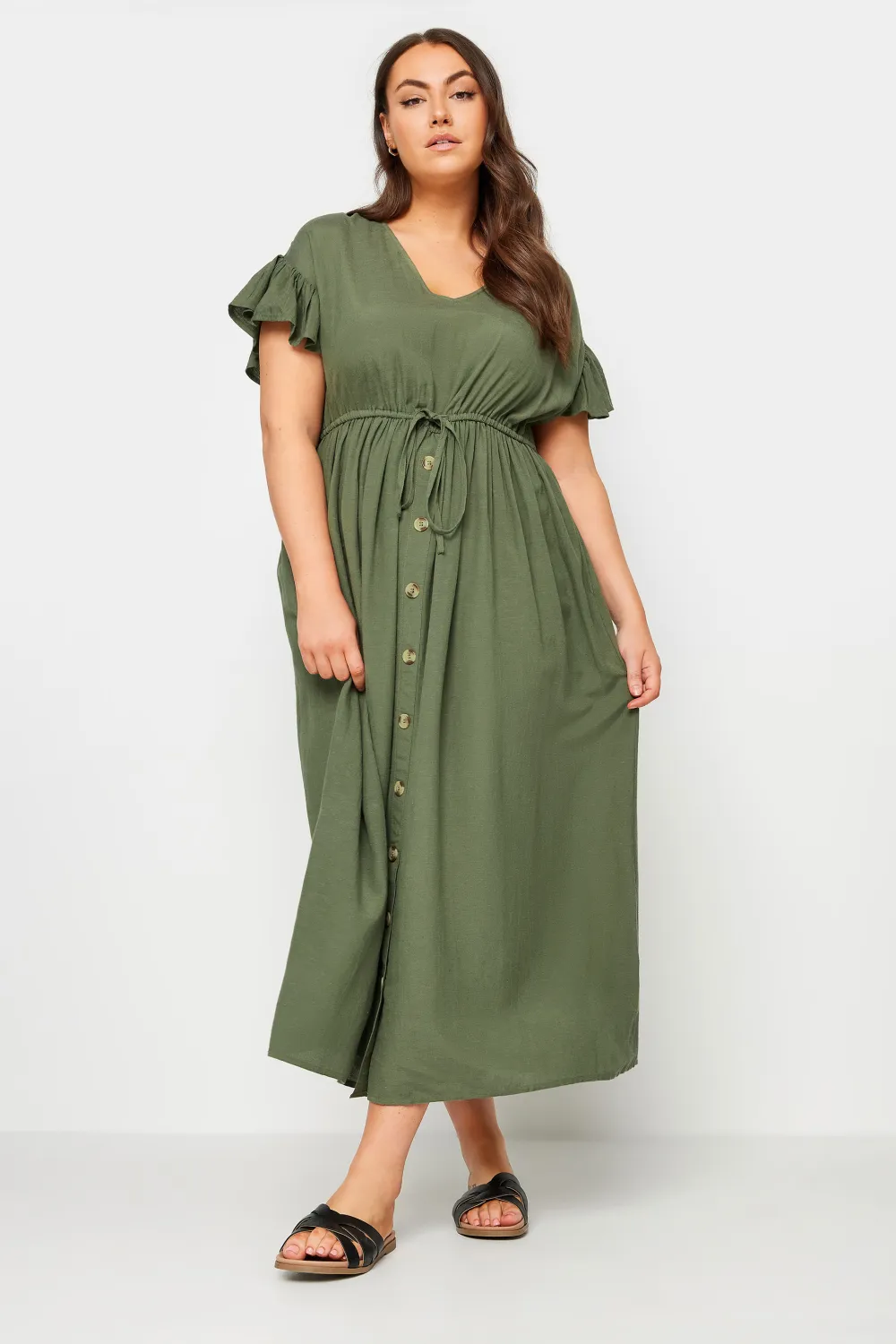 YOURS Curve Khaki Green Linen Maxi Dress