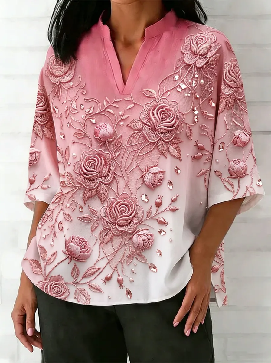 Women's Nashville Floral Rose Embroidered Printed V-neck Top