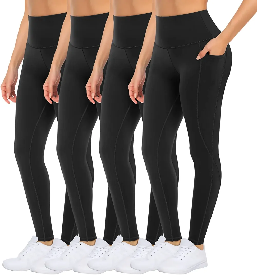 4 Packs Yoga Leggings with Pockets for Women - High Waist Tummy Control Pants for Workout
