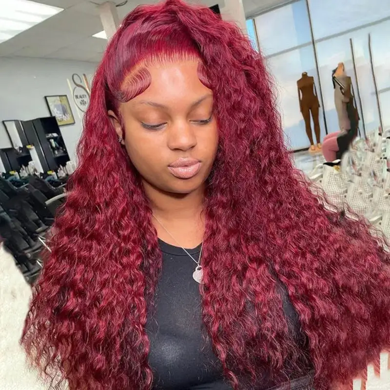 99J Burgundy 13×6 Deep Wave Wig Premium Super Double Drawn Human Hair Wig 250% Density