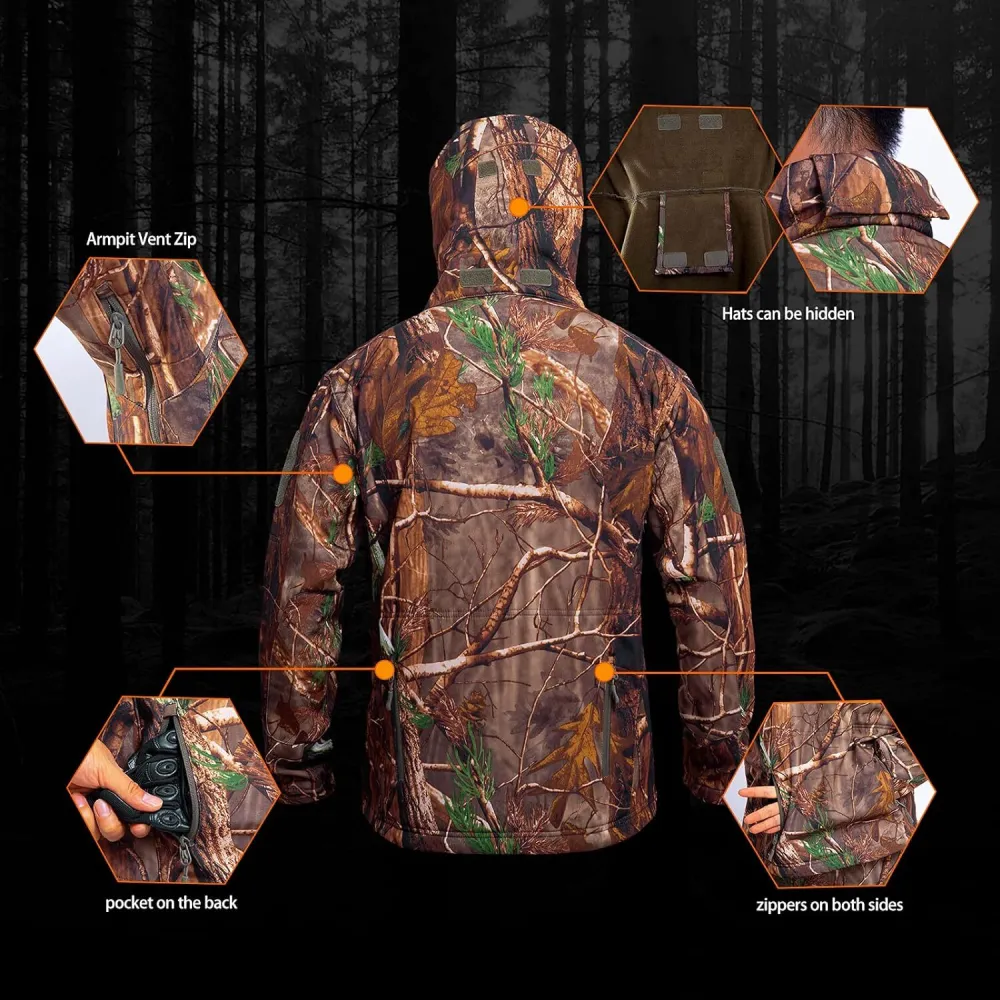 Hunting Jacket for Men Quiet Hunting Camouflage Clothing Hoodie Camo Coat Water-Repellent Windproof