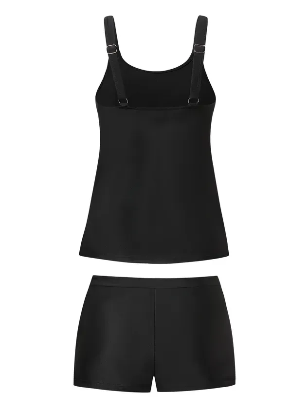 Simple Plain Scoop Neck Tankinis Two-Piece Set