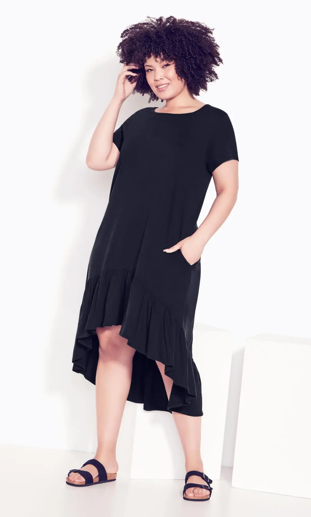 Evans Black Ruffle Drape Pocket Tunic Dress