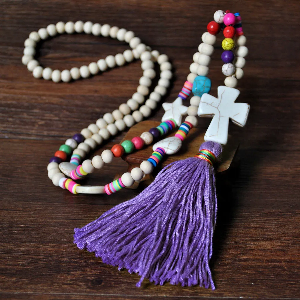Boho Linen Dress Pendant Fringed Sweater Necklace