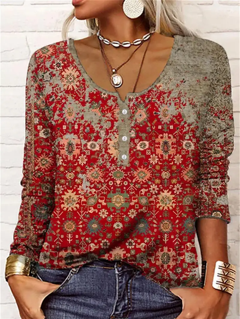 Women Long Sleeve Shirt Collar Printed Graphic Women Tops