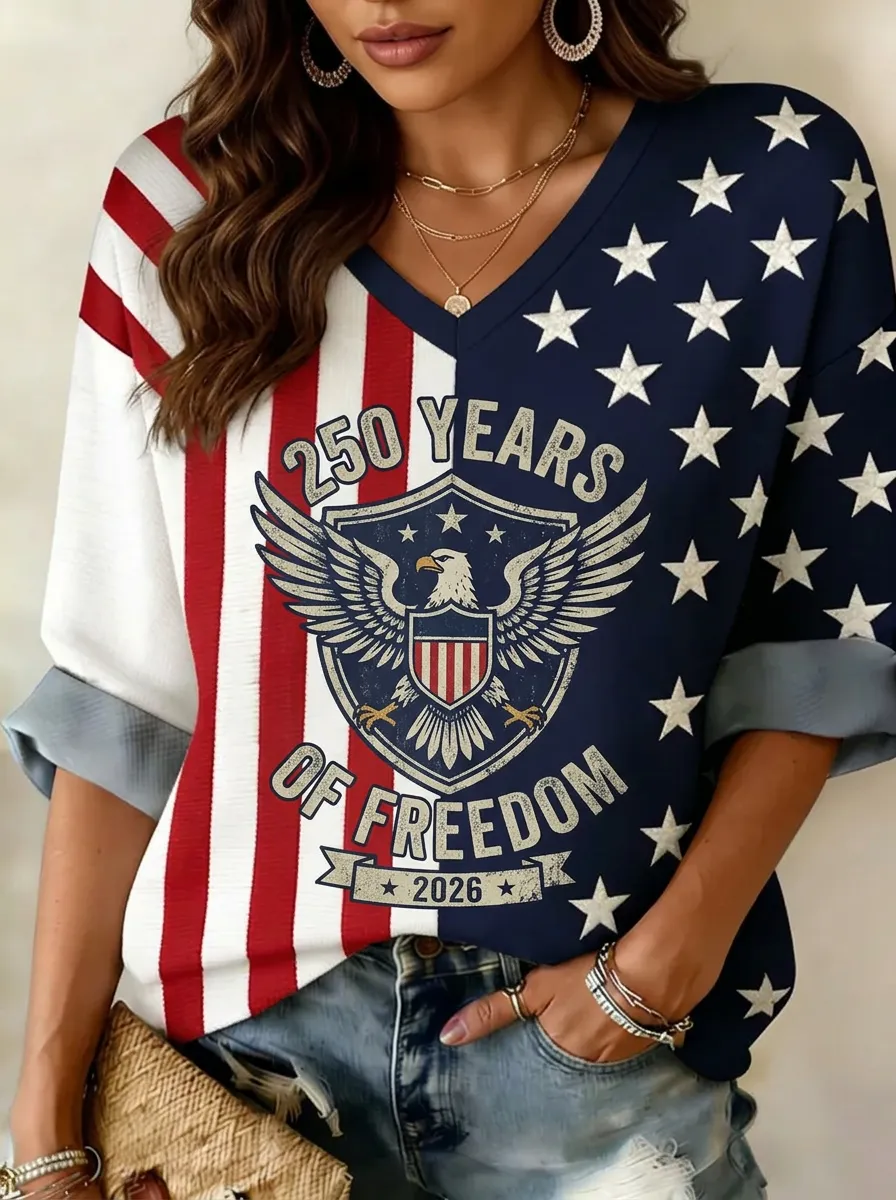 Women's USA Patriotic Eagle 250 Years Freedom Printed V-neck T-shirt