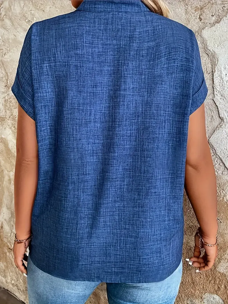 Women's Elegant Blue Notched V-Neck Blouse with Batwing Sleeves - Polyester, Machine Washable, Perfect for Spring/Summer Fashion, Casual Summer Wear|Elegant Vneck Blouse|Polyester Fabric