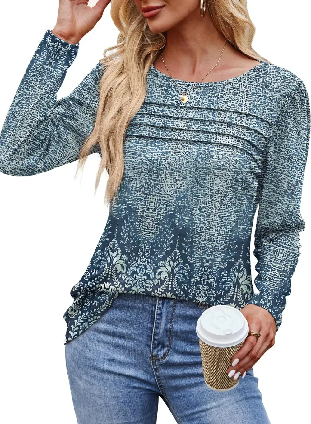 OFEEFAN Long Sleeve Shirts for Women Fall Fashion 2024 Dressy Casual Blouses Trendy Pleated Tunic Tops for Leggings