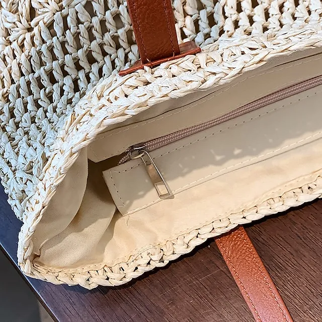 Women's Top Handle Bag Straw Bag Shoulder Bag Straw Outdoor Daily Zipper Solid Color Khaki Beige