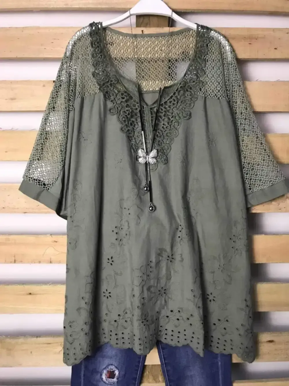 Woman Fashion Openwork Lace Shirt Tops Blouse