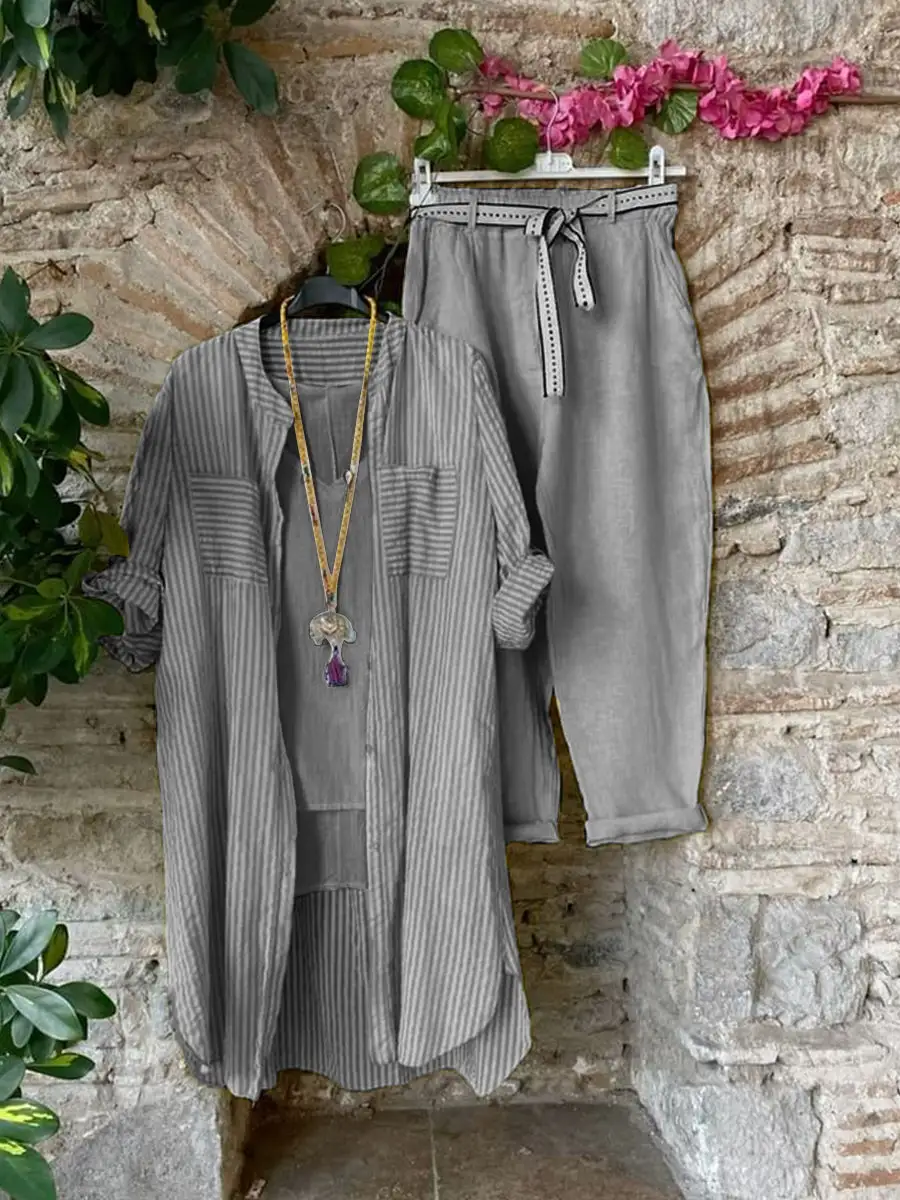（Clearance Sale⚡） Casual Top And Pants With Stripe Cardigan Three-piece Set