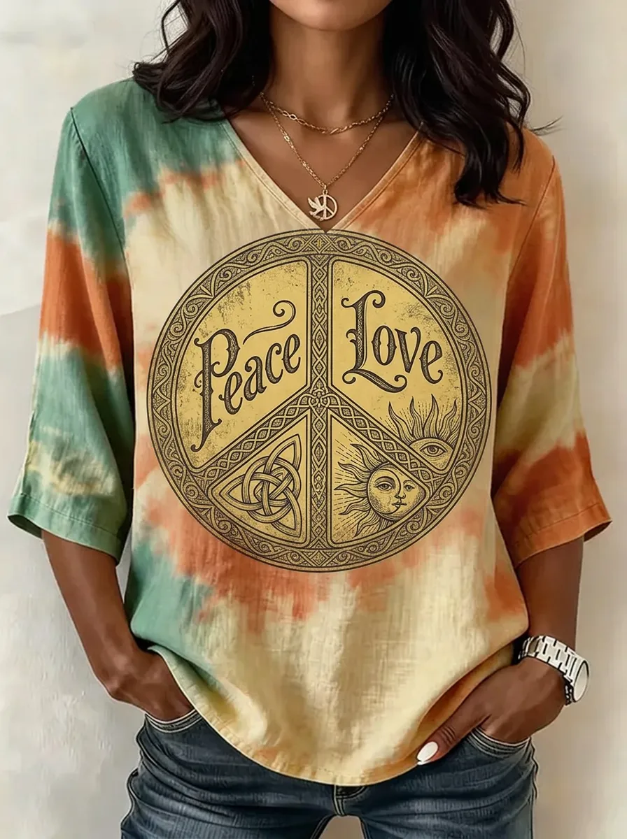 Women's Nashville Peace Love Sun Celtic Printed V-neck Top