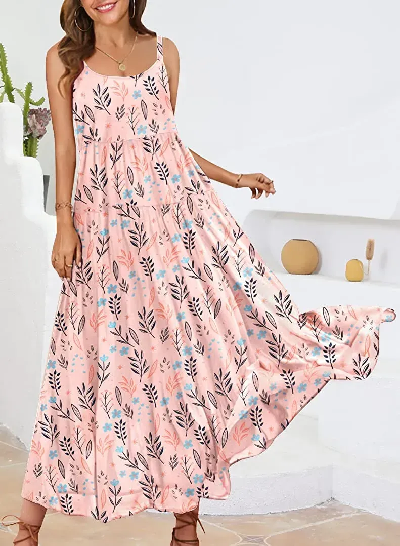 Summer Dresses for Women Casual Loose Bohemian Floral Dress with Pockets Spaghetti Strap Maxi Dress E75