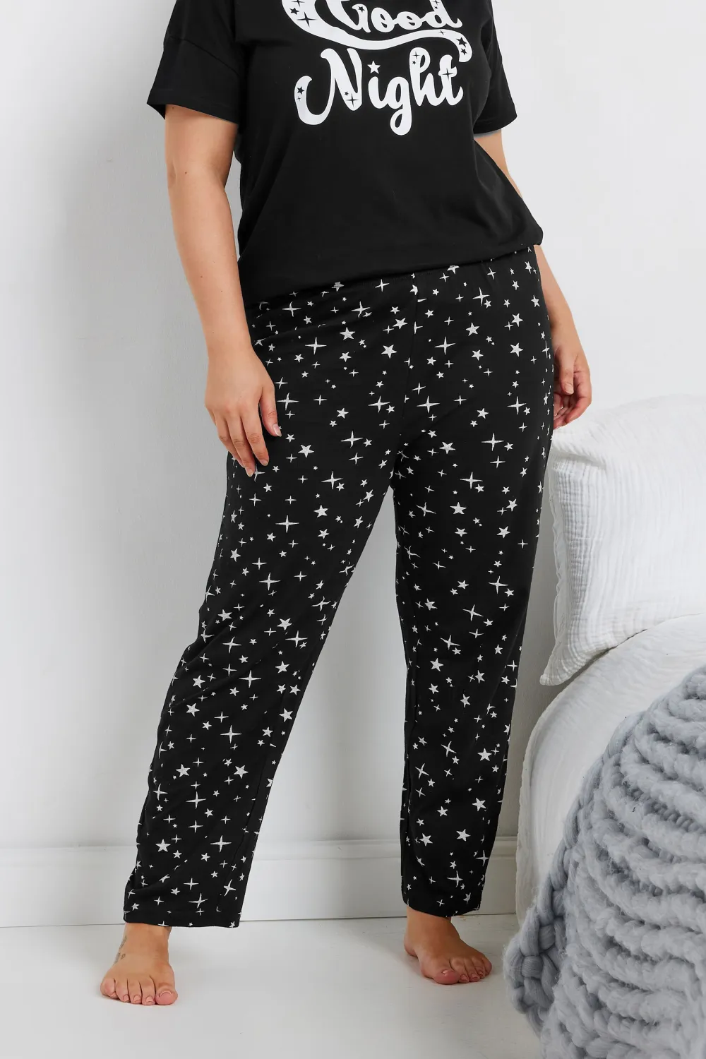 YOURS Curve Black Star Print Wide Leg Pyjama Bottoms