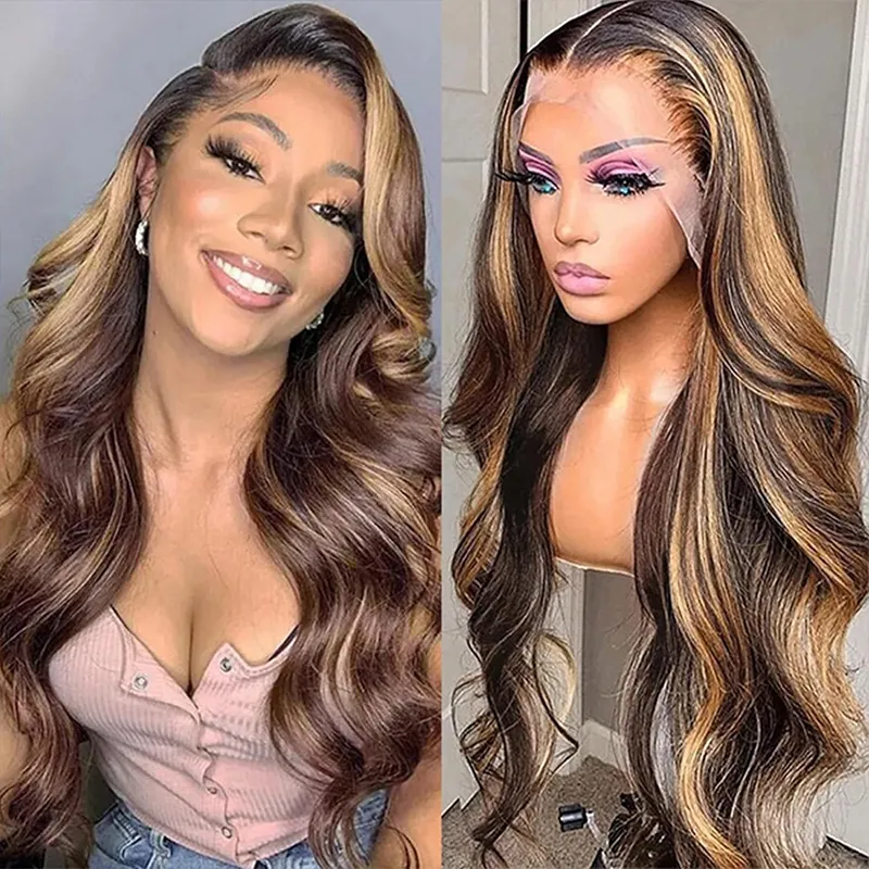 Sterly Hair Black Roots with 4/27 Highlight Wig Body Wave Lace Front Human Hair Wig