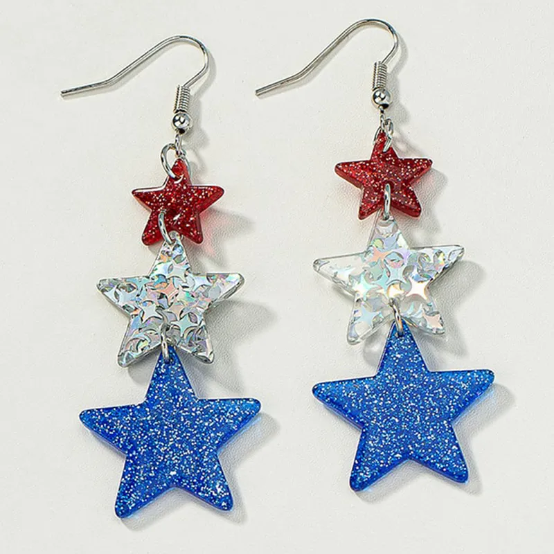 American Independence Day Five-pointed Star Three-color Stitching Glitter Simple Earrings
