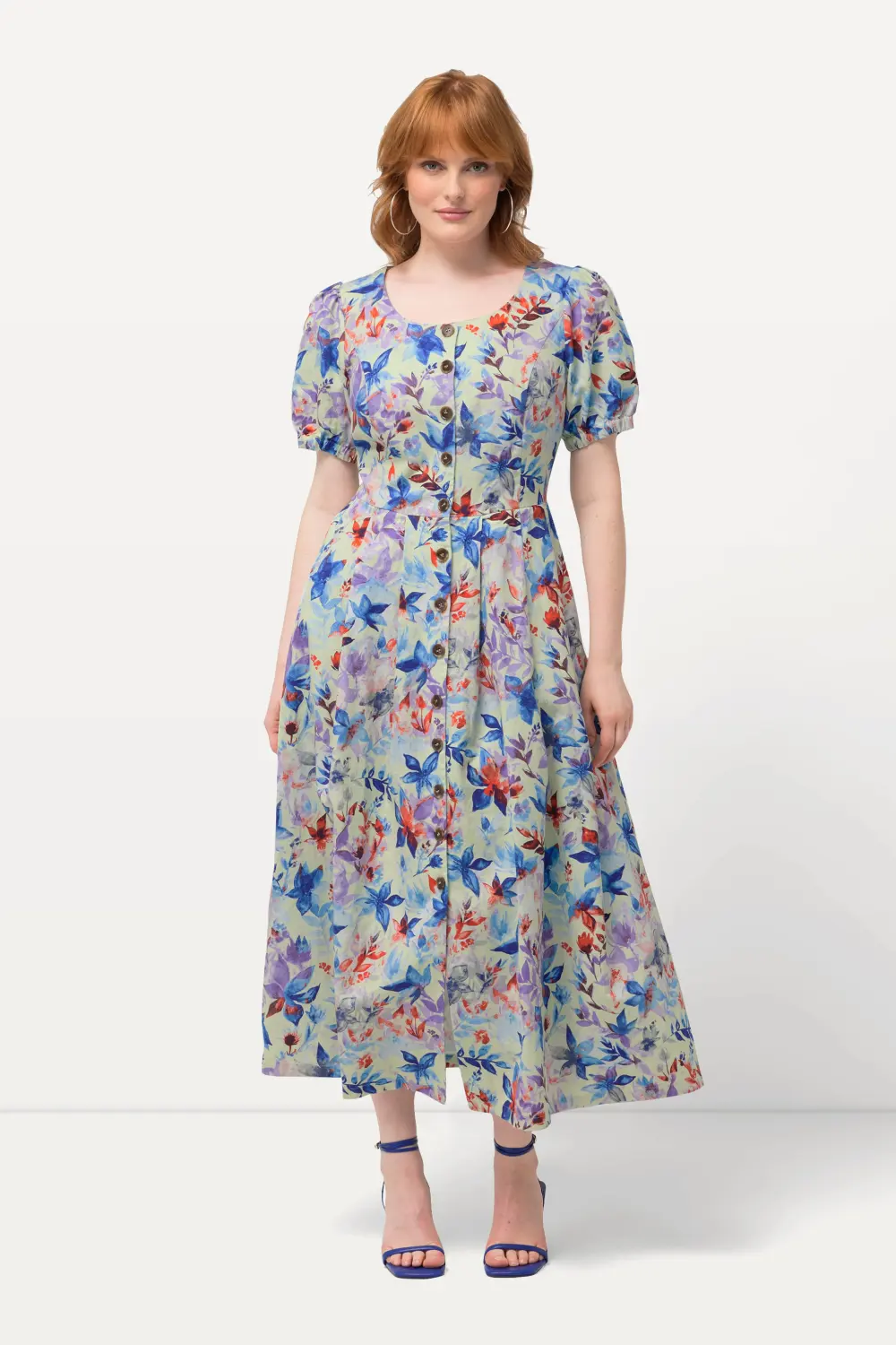 Midikleid Blätter Rundhals Puff-Halbarm Leinenmix