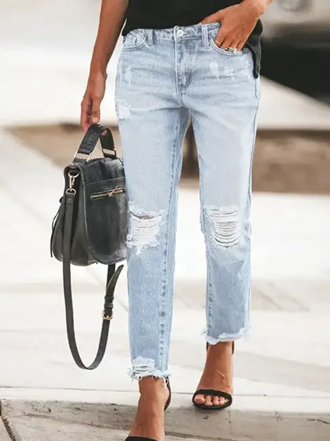 Solid Mid-rise Ripped Casual Jeans