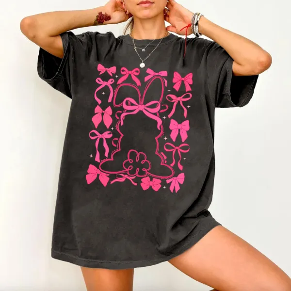 T-shirt Easter Bunny With Bow Women Printed Round Neck Short Sleeve