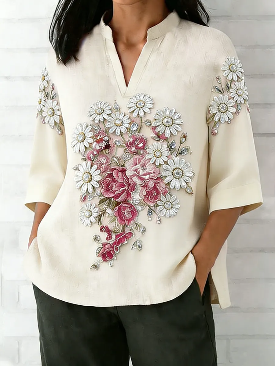 Women's Retro Daisy Flower Embroidery Art Linen Blended V-neck Top