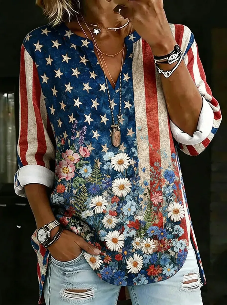 Women's Nashville USA Flag Floral Printed V-neck Top